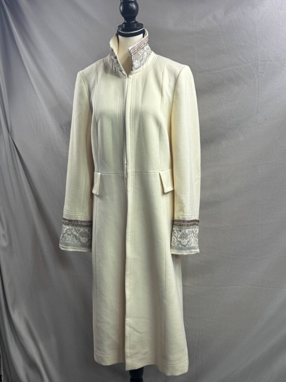 ZARA Collection Wool Blend Embellished Collar & Cuff Long Coat Cream - Picture 3 of 15